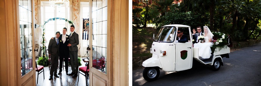 wedding ceremony in Villa Durazzo, bride arriving on ape with her father