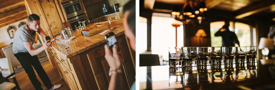 groom and his boys are getting ready with whiskey for the wedding at LeCrans Hotel in Crans-Montana