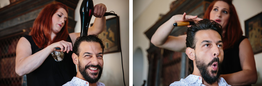 Groom getting hair dressed at villa cimbrone wedding