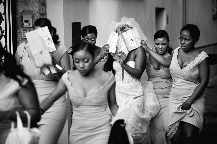 Bride and Bridesmaids walking to wedding cermony venue in ravell