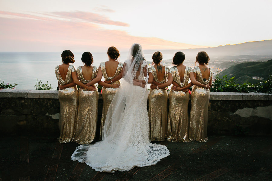 Sunset Wedding Photos Bridal Party Taormina