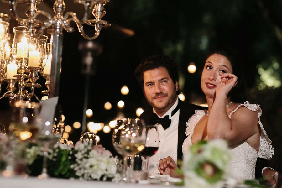 bride with tears at la cervara wedding dinner